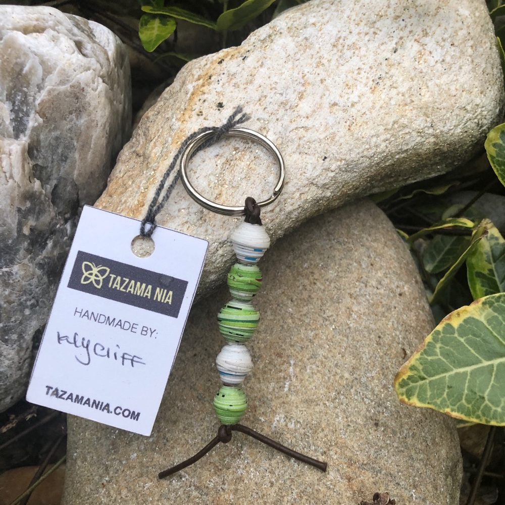 Tazama Nia Keychain made from recycled calendars.